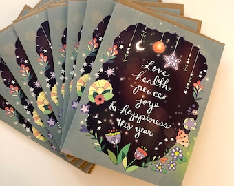 Love Health New Year Greeting Cards - BOX of 8 new year cards joy peace everything this year starry magical happy, starry, magical new year