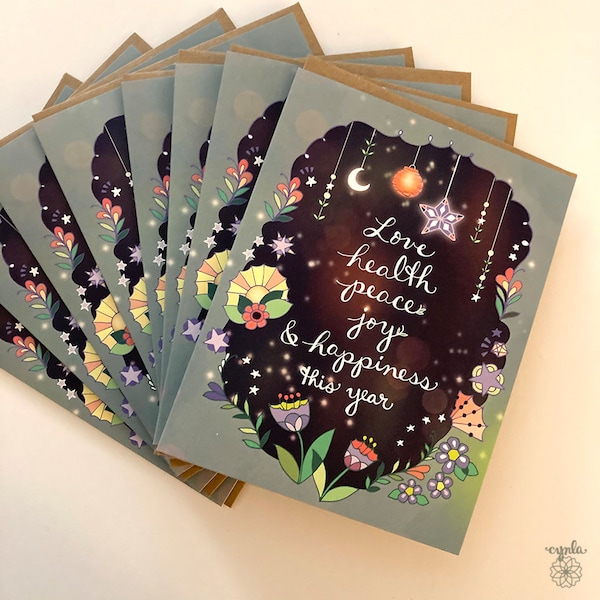 Love Health New Year Greeting Cards - BOX of 8 new year cards joy peace everything this year starry magical happy, starry, magical new year