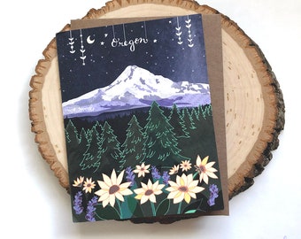 Oregon card - Starry Oregon greeting card, Oregon mountains, Mount Hood card, mountain card, state greeting card, travel card, moving card