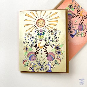 Tarjeta de felicitación del resplandor del sol -tarjeta de cumpleaños del sol en blanco mística diosa del sol soleado Cumpleaños de verano arte popular feliz y colorida madre tierra sol brillante