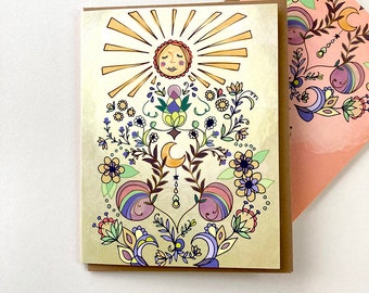 Sun glow greeting card - sun birthday card, blank mystic sunny sun goddess, Summer birthday, folk art, happy and colorful, mother earth,