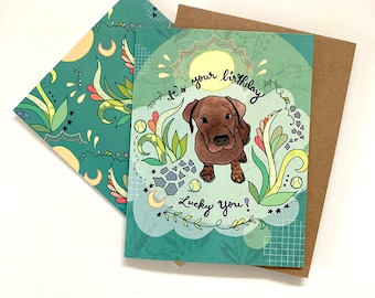 Lucky Puppy greeting card -  dog puppy chocolate lab dog birthday card illustration art cute puppy greeting cards lucky dog pup teal