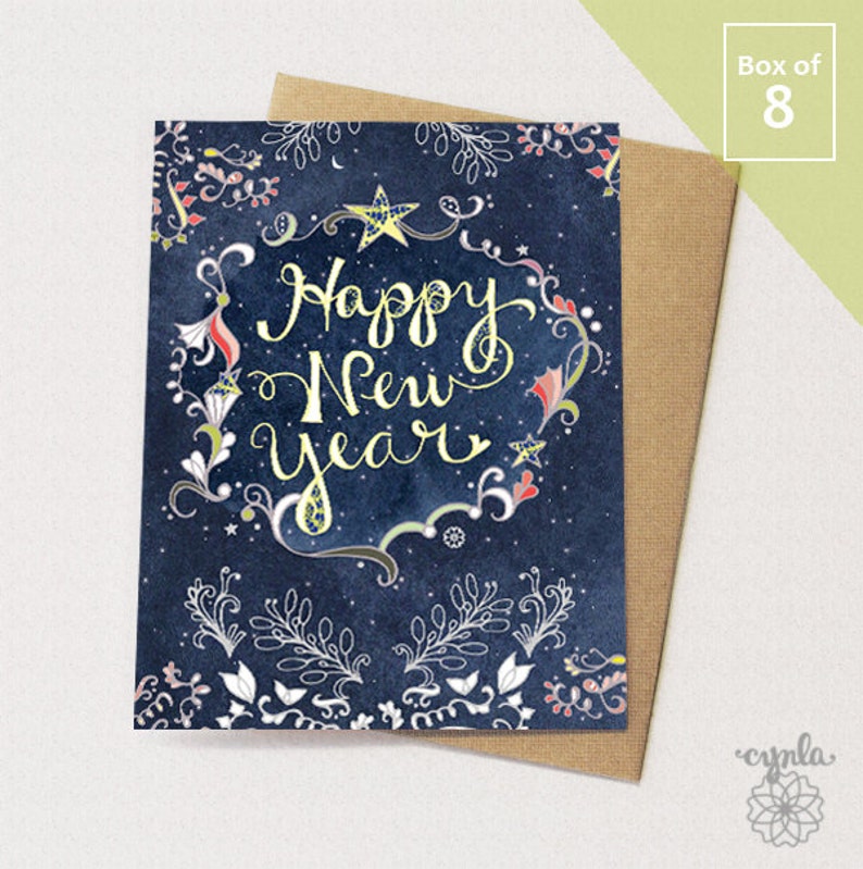 Starry Happy New Year BOX of 8 Greeting Cards Happy New Year Cards, starry blue new year, new year stationery, holiday cards image 1