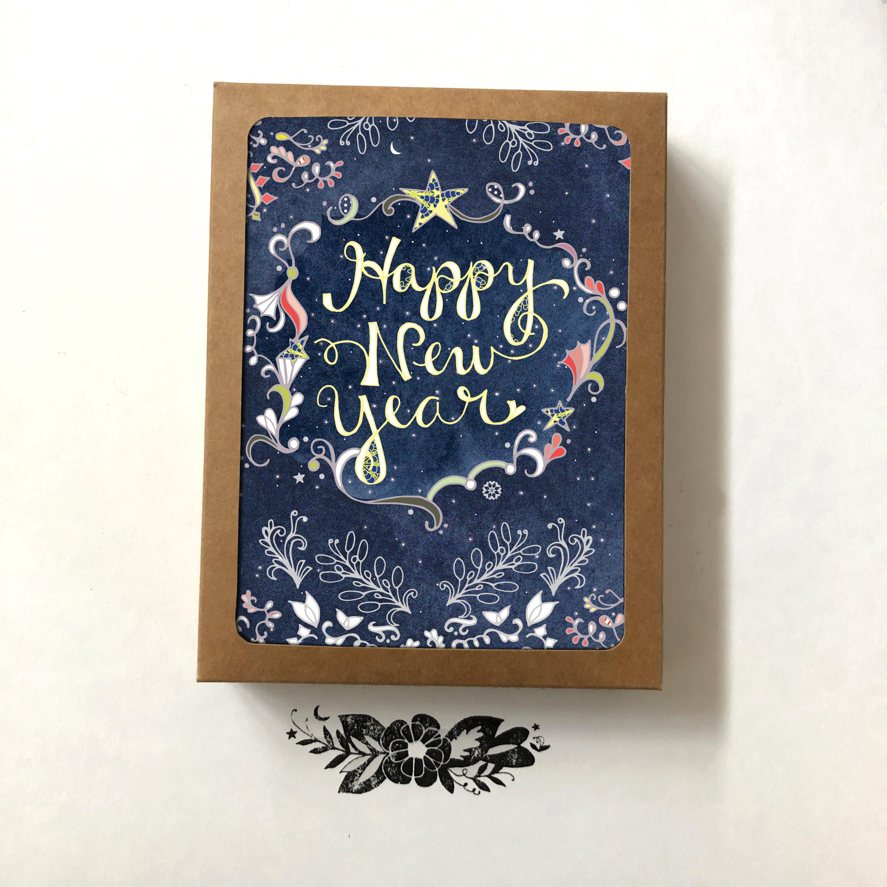 Starry Happy New Year BOX of 8 Greeting Cards - Happy New
