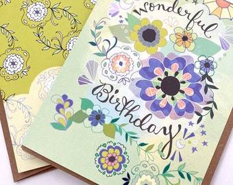 Floral greeting card - have a wonderful birthday flowers green blue modern flowers vines