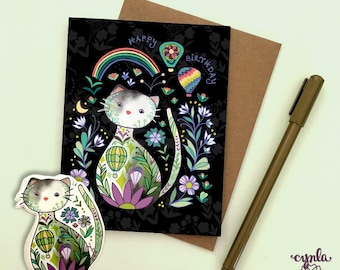 Tarjeta de cumpleaños de gatito adorable para hija, arcoíris, feliz cumpleaños, sobrina, amante de los gatitos, globo aerostático, arte, tarjeta de felicitación con temática de gatos, dulce regalo para mamá de gatos