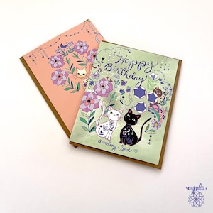 猫好きの誕生日カード - 黒猫の子猫のグリーティングカード 猫好きへのギフト 猫の庭の花のカード 猫好き 猫の飼い主への誕生日プレゼント 友情