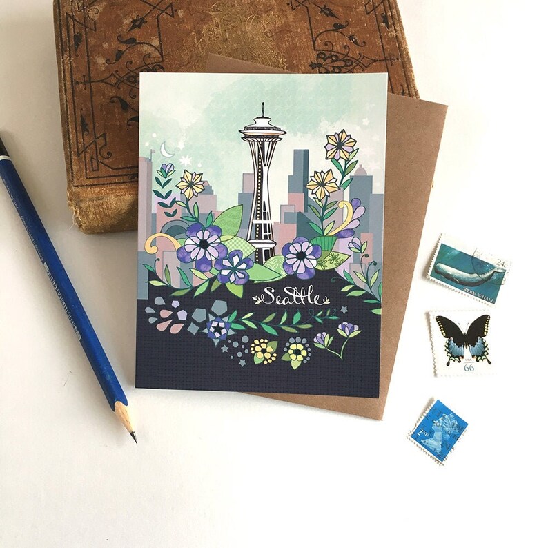 Seattle Card Space Needle Greeting Card Washington City Etsy