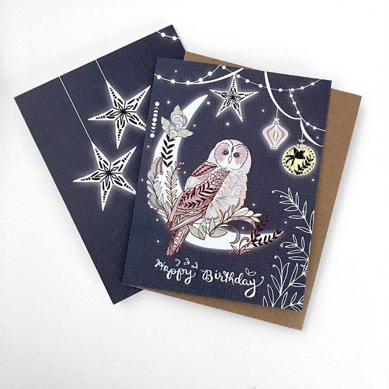 Owl Birthday Card owl lantern greeting card, owl card, paper lanterns, pretty birthday cards, starry 画像 1