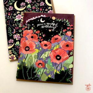 Poppies Birthday Card - flower greeting card, flower birthday card, garden card, starry night, fireflies, poppy, poppy birthday card