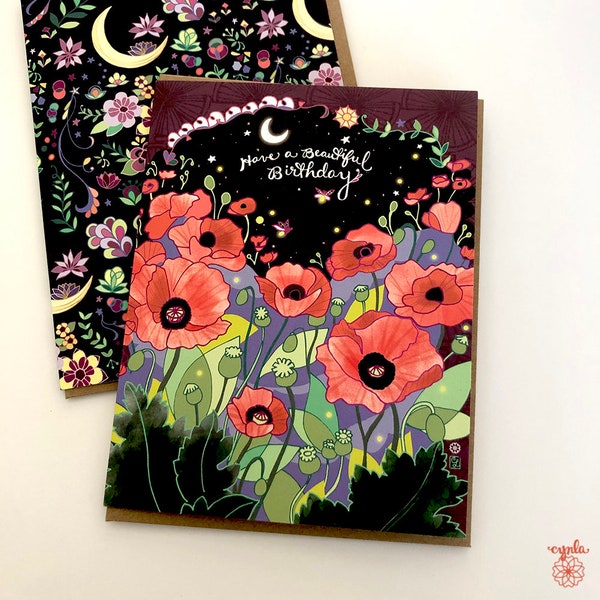 Poppies Birthday Card - flower greeting card, flower birthday card, garden card, starry night, fireflies, poppy, poppy birthday card