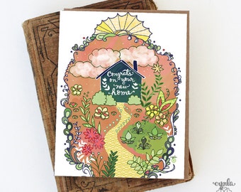 Tarjeta de inauguración de casa, regalo de felicitación por la casa, tarjeta ilustrada para pareja, jardín, hogar dulce hogar, recién casados, primera casa, apartamento, bienes raíces