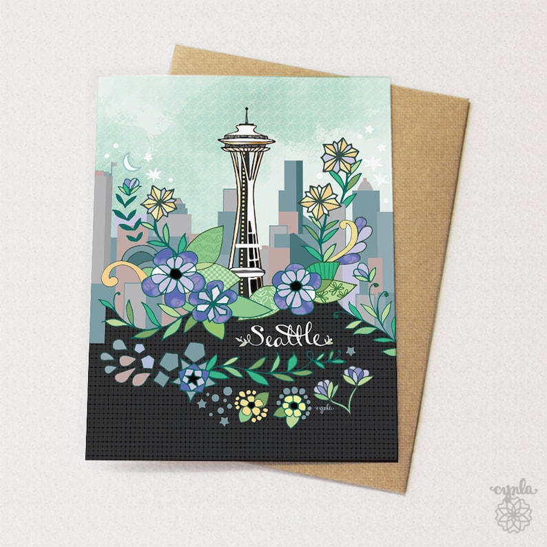 Seattle Card Space Needle Greeting Card Washington City Etsy