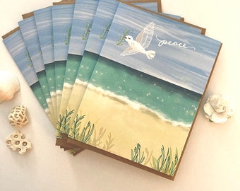 Peace Beach Card - BOX of 8 holiday cards ocean seaside set, peace cards, holiday beach sea cards, dove, seagull, peace holiday beach cards