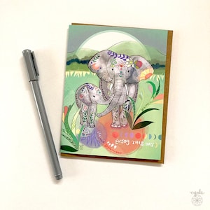 Olifanten wenskaart - blanco babyolifant verjaardagskaart, olifant kaart verjaardagskaart mama olifant en baby genieten van deze dag