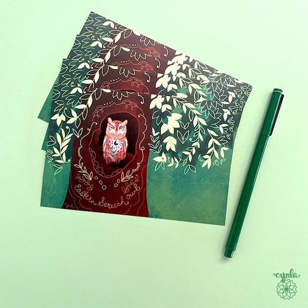 Screech Owl Postcard set nature lover gift idea friend cute owl stationery long distance penpal thinking of you illustrated owl set of 4