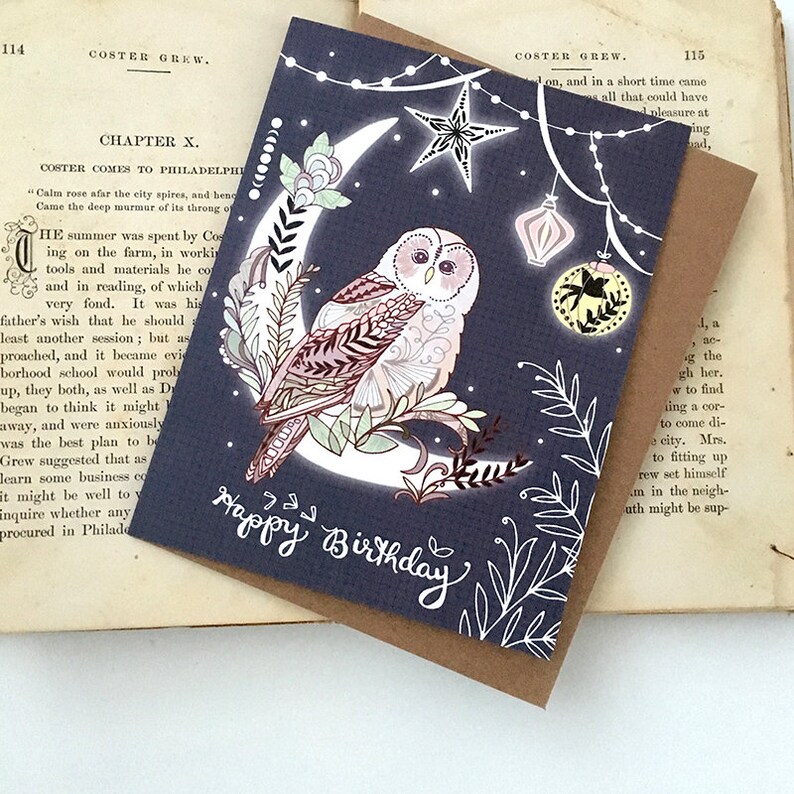 Owl Birthday Card owl lantern greeting card, owl card, paper lanterns, pretty birthday cards, starry image 3