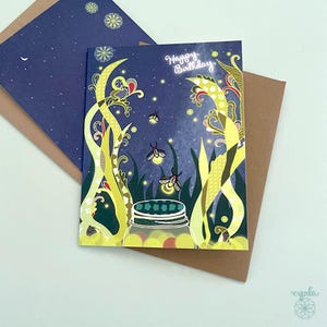 Fireflies Birthday Card magical kid birthday card nature lover gift glowing firefly jar theme storybook style summer birthday party starry