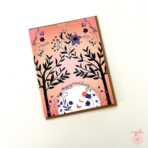 Tarjeta de boda Happy Trees - tarjeta rosa de boda coral para pareja árbol naturaleza tarjeta de boda floral silueta moderna tarjeta de felicitación de boda naranja