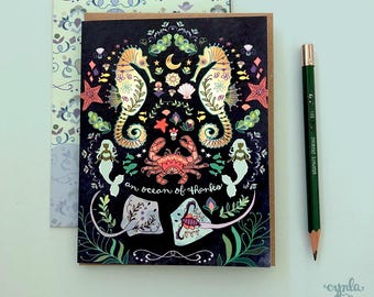 Ocean Card sea life mermaid art seaside thank you seahorse ocean of thanks gift beach wedding ocean theme party nautical client appreciation