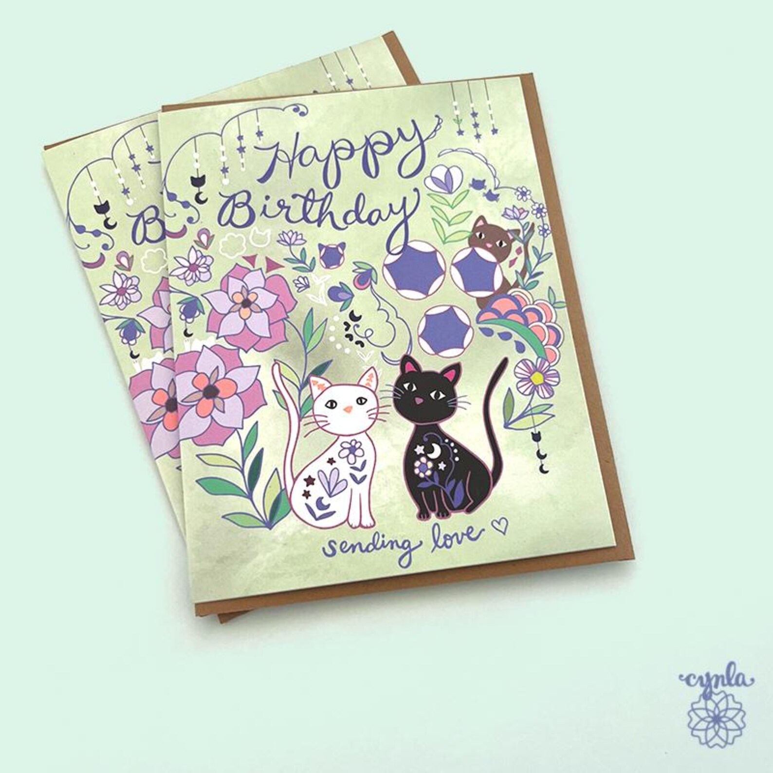Black Cat Birthday Card Cute Kitten Lover Gift Cat Lady Flower ...
