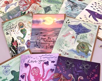 OCEAN ART stationery set teacher appreciation gift idea sea whale themed beach lover note card biology professor marine animal illustration