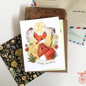 Fox Card Birthday woodland Sun Fox art greeting card by Cindy LaColla. ©cynla
