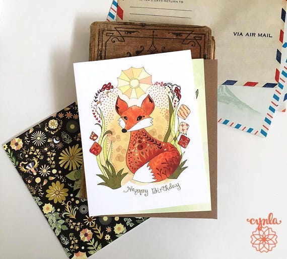 Fox Card Birthday woodland Sun Fox art greeting card kid birthday theme red fox happy birthday nature lover gift idea son storybook forest