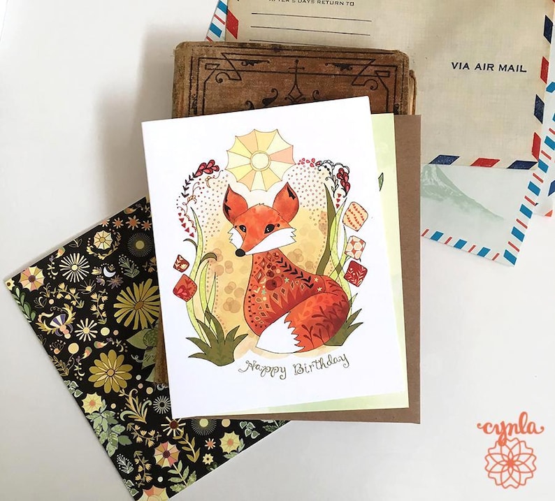 Fox Card Birthday woodland Sun Fox art greeting card by Cindy LaColla. ©cynla