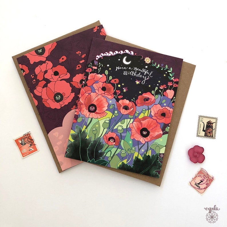 Poppies Birthday Card flower greeting card, flower birthday card, garden card, starry night, fireflies, poppy, poppy birthday card image 5