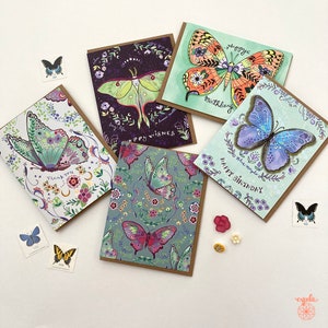 Butterfly thank you card flower insect art by Cindy LaColla ©cynla: Five greeting cards with butterfly designs. The cards have different colors and patterns, including purple, green, blue, and orange. The cards have different messages, including "Happy Birthday", "Thank You", and "Happy Wishes".