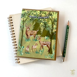 Cartão de felicitações de veado - cartão de aniversário de veado buck floresta veado família fawns cartão de aniversário de animal da floresta viagem ao ar livre caminhadas amante veado