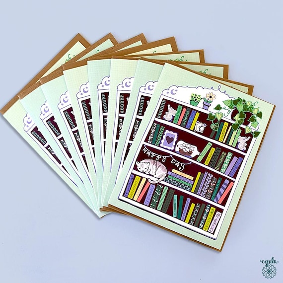 Book Lover Card reader book club library birthday greeting card bookish cozy reader gift reader mom bookcase teacher card bookshelf cat art