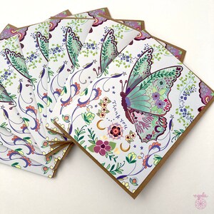 Butterfly thank you card flower insect boho butterflies gratitude kind neighbor nature art by Cindy LaColla ©cynla: A stack of thank you cards with a colorful butterfly design. The cards have a white background with a green, purple, and pink butterfly with floral accents. The text "Thank you" is printed on the card.