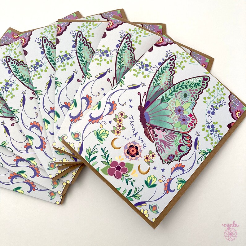 Butterfly thank you card flower insect boho butterflies gratitude kind neighbor nature art by Cindy LaColla ©cynla: A stack of thank you cards with a colorful butterfly design. The cards have a white background with a green, purple, and pink butterfly with floral accents. The text "Thank you" is printed on the card.