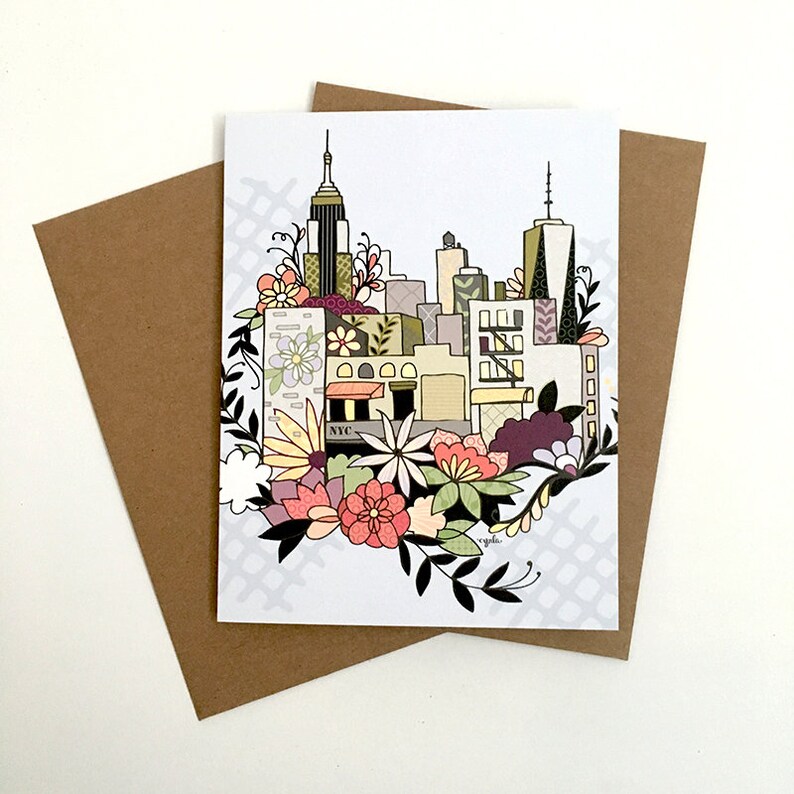 New York City Card NYC Flower Skyline Happy Birthday NYC Etsy