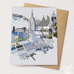 Puede incluir: Una ilustraci&oacute;n colorida del horizonte de la ciudad de Nueva York con edificios, un tren y un puente. La ilustraci&oacute;n est&aacute; en un estilo caprichoso con un fondo gris y acentos azules, verdes y negros. El texto "NYC" est&aacute; incluido en la ilustraci&oacute;n.