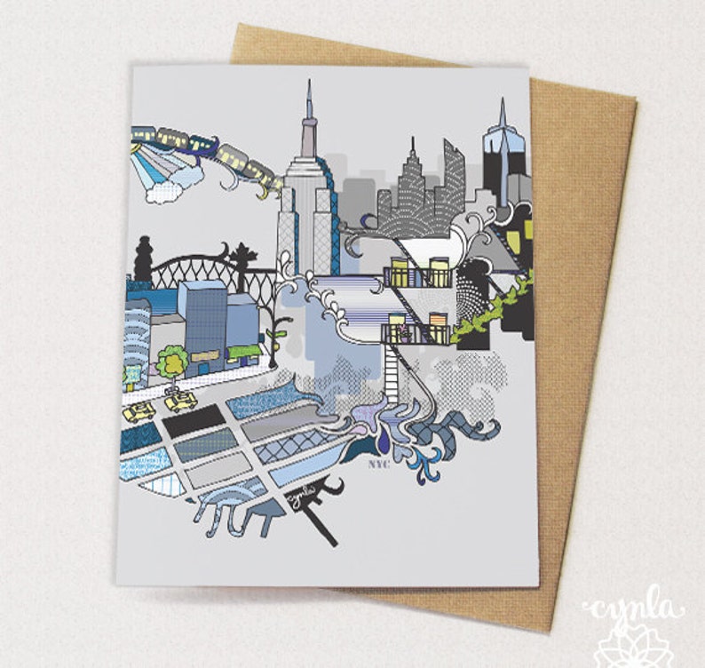 New York City Artistic Skyline Card NYC Card New York Card Etsy