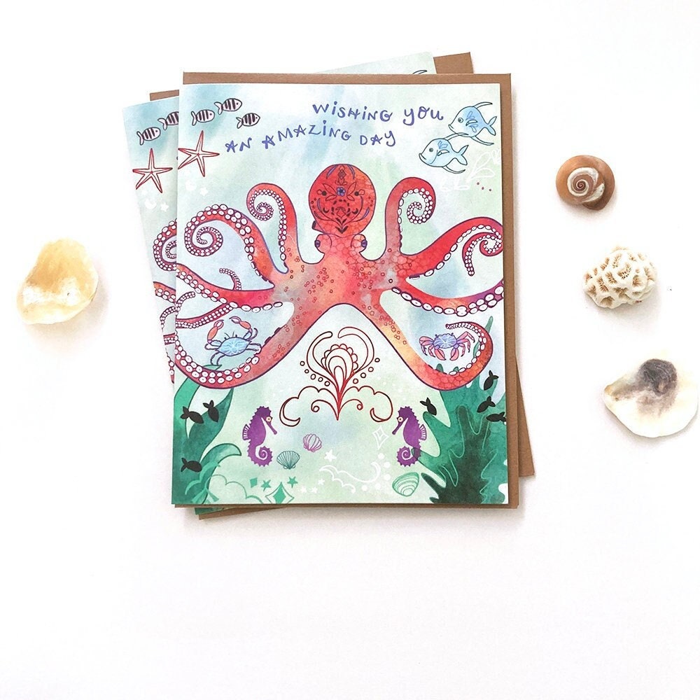 Octopus wish greeting card - octopus birthday card, ocean beach sea, sea creature ocean cards, ocean greeting cards, ocean animal card