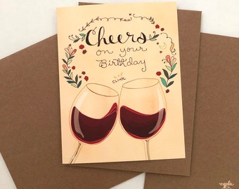 Red Wine Greeting Card - wine greeting cards, cynla paper goods, stationery, cheers birthday cards, happy birthday wine glasses clink cheers