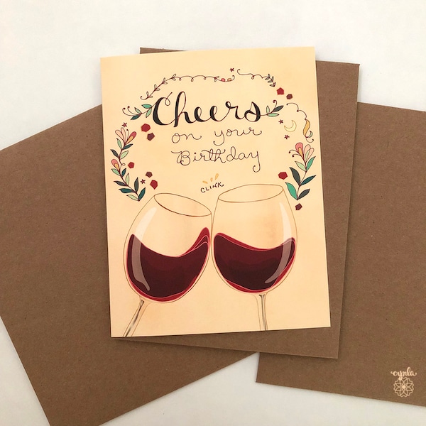 Red Wine Greeting Card - wine greeting cards, cynla paper goods, stationery, cheers birthday cards, happy birthday wine glasses clink cheers