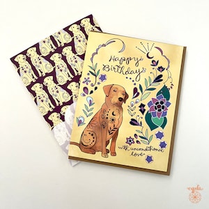 Cartão de felicitações de aniversário de cachorro - ilustração de cartão de aniversário de filhote de cachorro golden retriever cartões de felicitações de cachorro fofos flor amarela aniversário de amante de cachorro