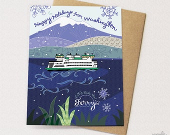 Holiday Ferryboat Washington card - ferryboat greeting card, Washington mountains, cynla paper goods, city cards, holiday cards