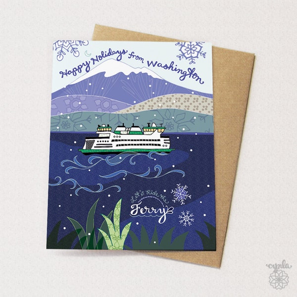 Holiday Ferryboat Washington card - ferryboat greeting card, Washington mountains, cynla paper goods, city cards, holiday cards