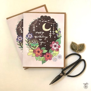 Biglietto d'auguri di compleanno luna - luna di buon compleanno, prodotti di carta cynla, biglietti d'auguri, luna di fiori di buon compleanno