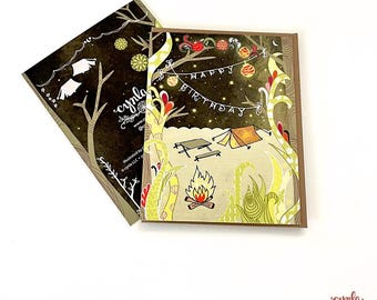 Carte d'anniversaire de camping - joyeux anniversaire dans les bois, carte d'anniversaire de camping en plein air, carte d'amoureux de la nature, carte de voeux de randonnée en pleine nature, carte d'aventure