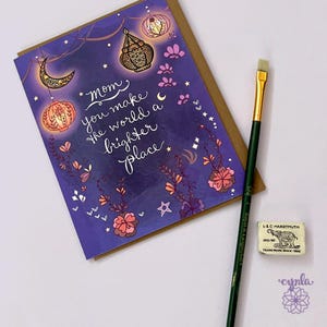 Celestial themed mothers day card star lantern art greeting card for best mom starry night thank you for her special sentimental gift idea