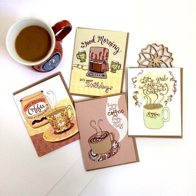 Coffee Cards Gift Set of 8 Coffee Lover Coffee Greeting Etsy