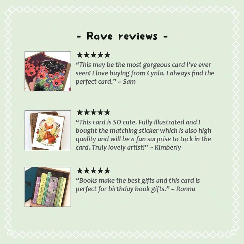 May include: Image featuring customer reviews with five-star ratings. The reviews praise the cards' beauty, illustration, and suitability as gifts. Text includes quotes from Sam, Kimberly, and Ronna, highlighting the quality and appeal of the products.