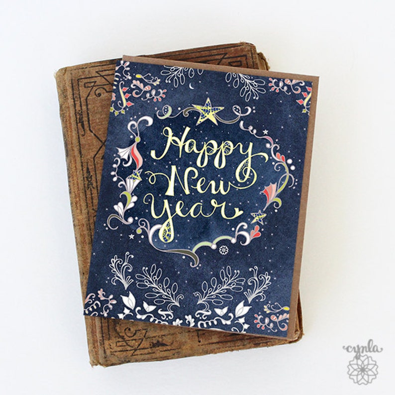 Starry Happy New Year BOX of 8 Greeting Cards Happy New Year Cards, starry blue new year, new year stationery, holiday cards image 2